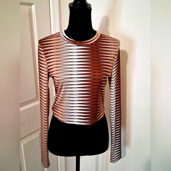 Tops - Striped Fitted Brown and Cream Women's Crop Top